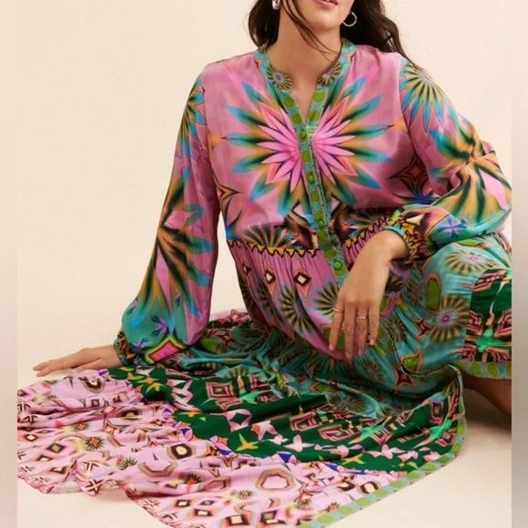 Siddhartha Bansal x Anthropologie Mixed Print Button Front Maxi Dress Size S - Picture 9 of 15